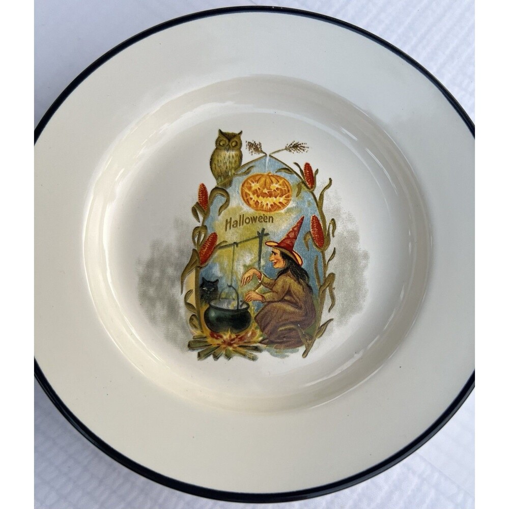 Vintage Style World Market Halloween Witch Cauldron Owl Cat Ceramic Plate